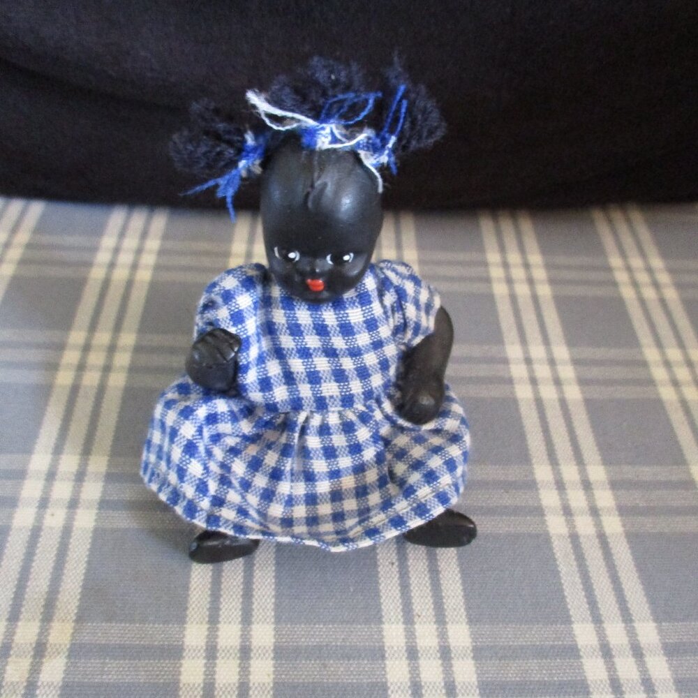 FINAL VTG Bisque/ceramic 3" Black Baby Girl Doll. Very nice w/blue gingham dress